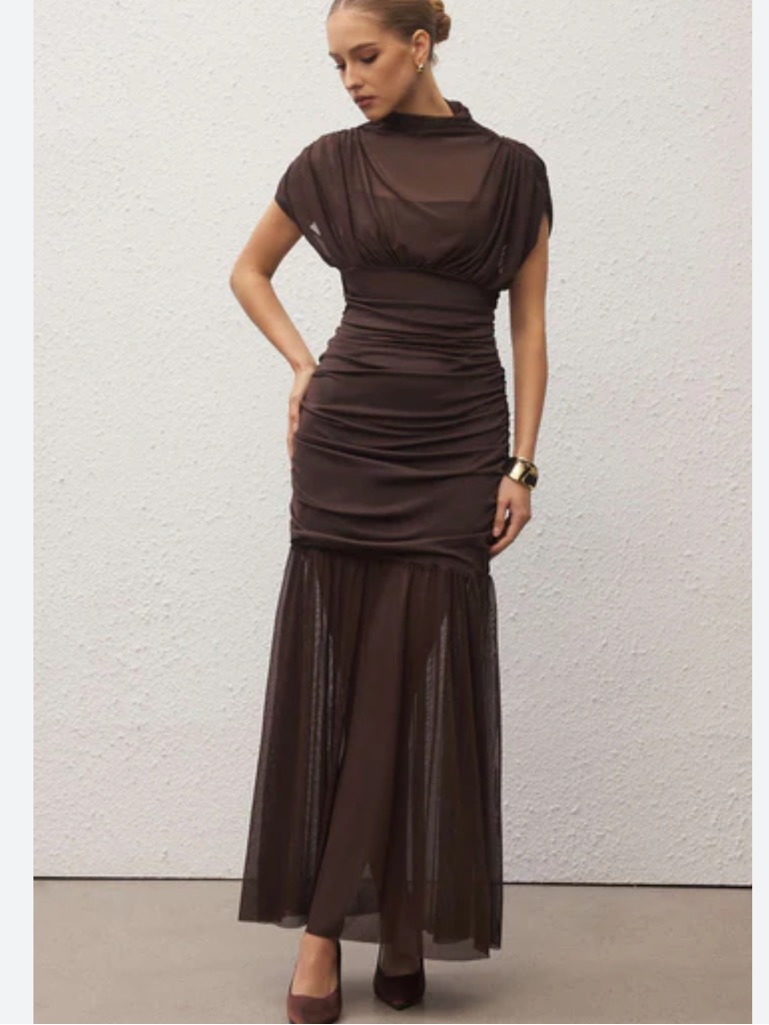 Elegant Brown Silky Tulle Mesh Sheer Panel Maxi Dress - No Tags